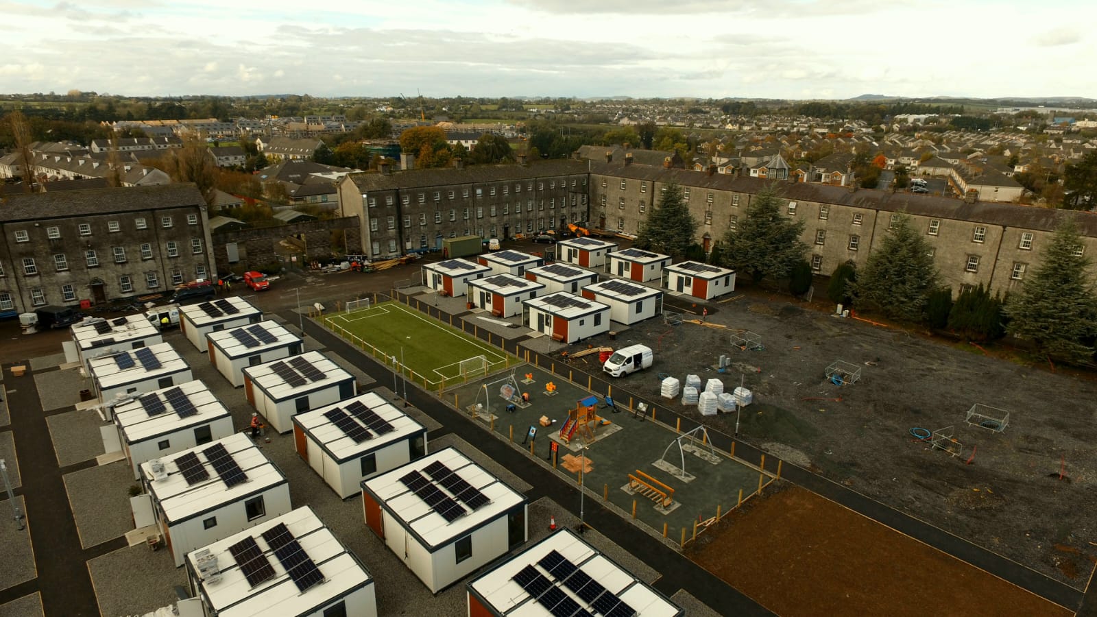 Factory-built modular housing units installed as part of a modular building project