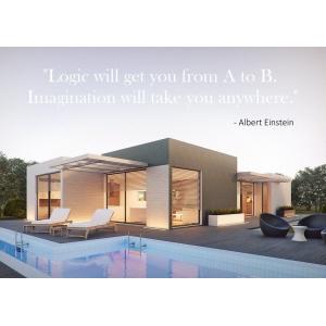 Modern luxury modular home with infinity pool and Einstein quote: 'Logic will get you from A to B. Imagination will take you anywhere' - showcasing KC Cabins' innovative design philosophy