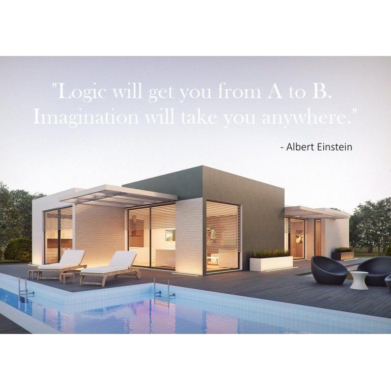 Modern luxury modular home with infinity pool and Einstein quote: 'Logic will get you from A to B. Imagination will take you anywhere' - showcasing KC Cabins' innovative design philosophy