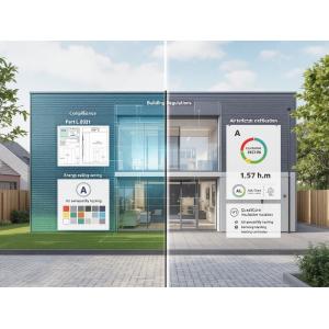 Professional modular building showcasing Part L 2021 compliance features, A-rated energy efficiency, and 1.57 m³/h.m² air permeability standards by KC Cabins