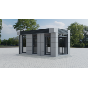 Bespoke care home visiting pod featuring modern grey and white exterior, full-height glazing, and dual entrance design by KC Cabins Solutions