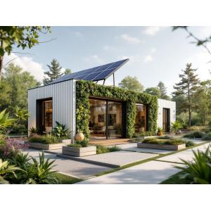 Sustainable modular building featuring solar panels, green roof, and eco-friendly materials demonstrating KC Cabins' commitment to environmental responsibility