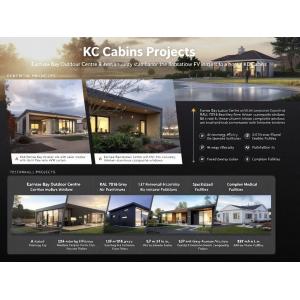 Portfolio showcase of KC Cabins' successful projects including Earnse Bay Outdoor Centre with 4kW solar installation and A-rated energy-efficient buildings