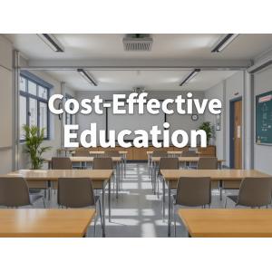 An insightful depiction of cost-effective educational spaces with efficient classroom designs, budget-friendly materials, and energy-saving features, set in a modern school environment, with the text 'Cost-Effective Education' prominently displayed.