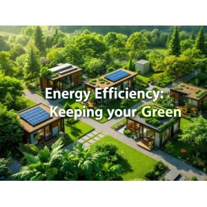 An eco-friendly depiction of modular buildings with energy-efficient features like solar panels and green roofs, set in a lush environment, with the text 'Energy Efficiency: Keeping It Green' prominently displayed.