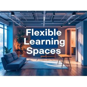 An inspiring depiction of flexible learning spaces with versatile classroom setups, movable walls, and adaptable furniture, set in a modern educational environment, with the text 'Flexible Learning Spaces' prominently displayed.