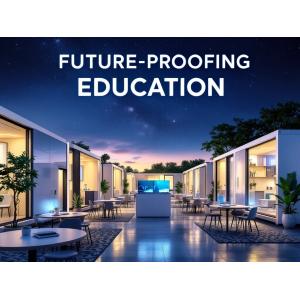 An illustration of modern modular classrooms equipped with advanced technology and adaptable designs, set in a futuristic educational environment, with the text 'Future-Proofing Education' prominently displayed.