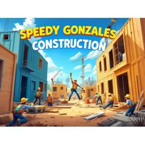 An energetic scene of a dynamic construction site with workers rapidly assembling modular units, emphasizing speed and efficiency, with the text 'Speedy Gonzales Construction' prominently displayed