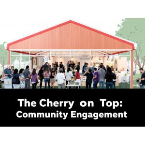 An illustration of a community event in a modular building setting, with people interacting and participating in activities, with the text 'The Cherry on Top: Community Engagement' prominently displayed.