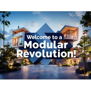 A powerful depiction of cutting-edge modular buildings in various urban settings, highlighting innovation and modernity, with the text 'Welcome to the Modular Revolution!' prominently displayed.