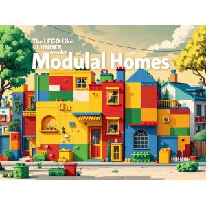 A vibrant illustration of modular homes resembling colorful LEGO blocks, set in a lively neighborhood, with the text 'The LEGO-Like Wonder of Modular Homes' displayed prominently.