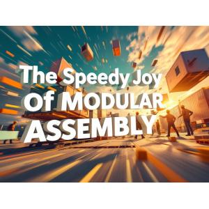 An energetic depiction of modular units being swiftly assembled by a team, highlighting movement and efficiency, with the text 'The Speedy Joy of Modular Assembly' prominently displayed.