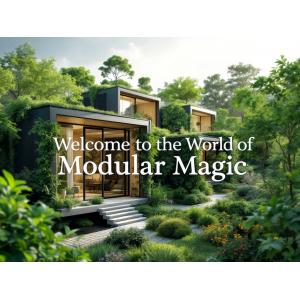 An elegant depiction of modern modular buildings set in a lush, green environment, highlighting eco-friendliness with the text 'Welcome to the World of Modular Magic' integrated into the design.