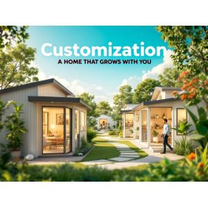 An inspiring depiction of customizable modular homes with adaptable features, set in a flexible environment, with the text 'Customization: A Home That Grows With You' prominently displayed.