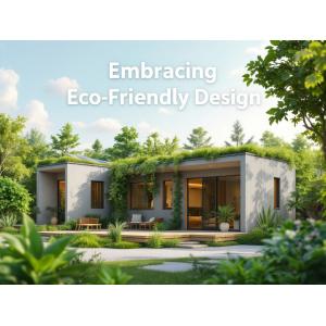 An eco-friendly depiction of modular buildings with green roofs, solar panels, and natural materials, set in a lush environment, with the text 'Embracing Eco-Friendly Design' prominently displayed.