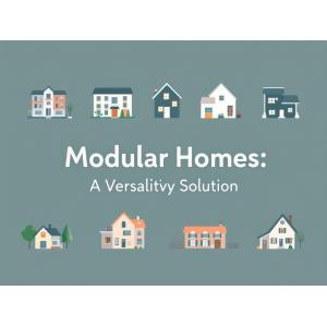 A versatile depiction of modular homes in various styles and configurations, from urban apartments to countryside cottages, with the text 'Modular Homes: A Versatile Solution' prominently displayed.