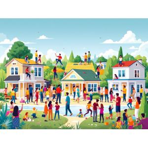 A vibrant depiction of a community of modular home enthusiasts, featuring diverse people engaging with various modular home designs in a lively setting, with the text 'A Community of Modular Enthusiasts' prominently displayed.