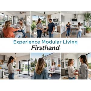 An immersive depiction of individuals interacting with modular homes, highlighting modern interiors and outdoor spaces, with the text 'Experience Modular Living Firsthand' prominently displayed.