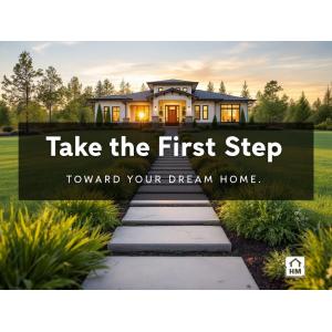 An inspiring depiction of a pathway leading to a beautiful modular home, symbolizing the first step toward achieving a dream home, with the text 'Take the First Step Toward Your Dream Home' prominently displayed.