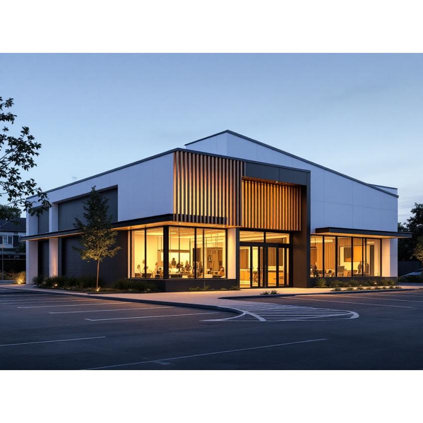 Modern bespoke modular building with vertical timber slats and floor-to-ceiling windows, featuring energy-efficient design and architectural lighting by KC Modular Buildings