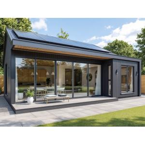 Modern BS3632 certified modular building featuring triple-glazed sliding doors, solar panels, and premium timber cladding with luxury interior view
