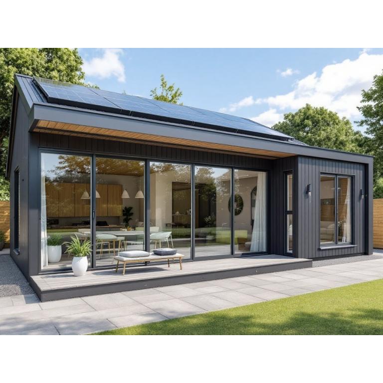 Modern BS3632 certified modular building featuring triple-glazed sliding doors, solar panels, and premium timber cladding with luxury interior view