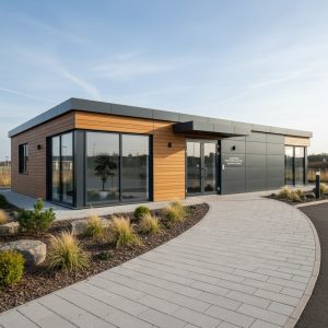 A-rated modular sales suite exterior with timber-effect composite cladding and anthracite steel elevation panels, modern single-storey design for luxury residential development marketing centre, KC Cabins Solutions