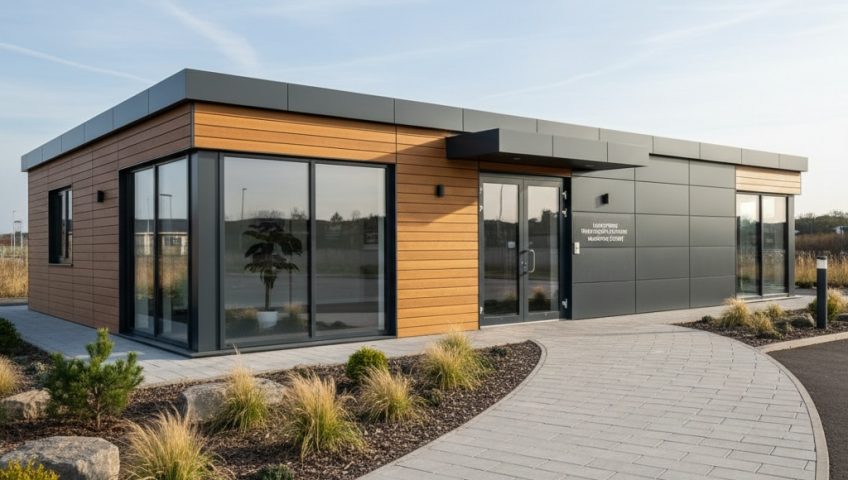 A-rated modular sales suite exterior with timber-effect composite cladding and anthracite steel elevation panels, modern single-storey design for luxury residential development marketing centre, KC Cabins Solutions