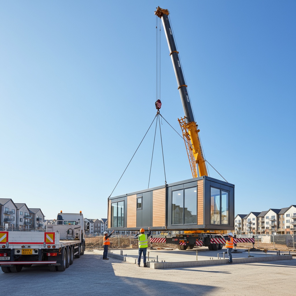 Modular building installation in Staffordshire by KC Modular Buildings using mobile crane for rapid deployment