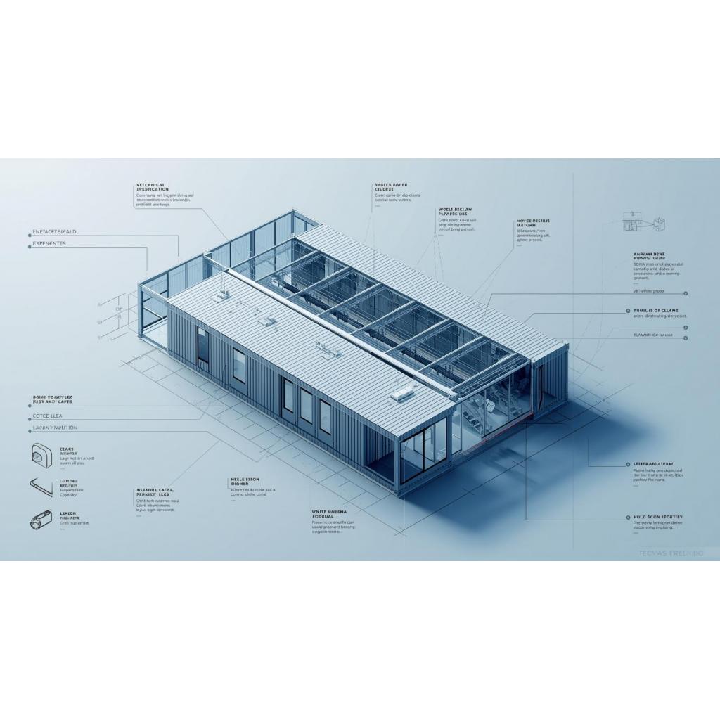 Technical specifications diagram showing modular building angles, steel frame construction, and KINGSPAN panel installation details for UK bespoke modular buildings