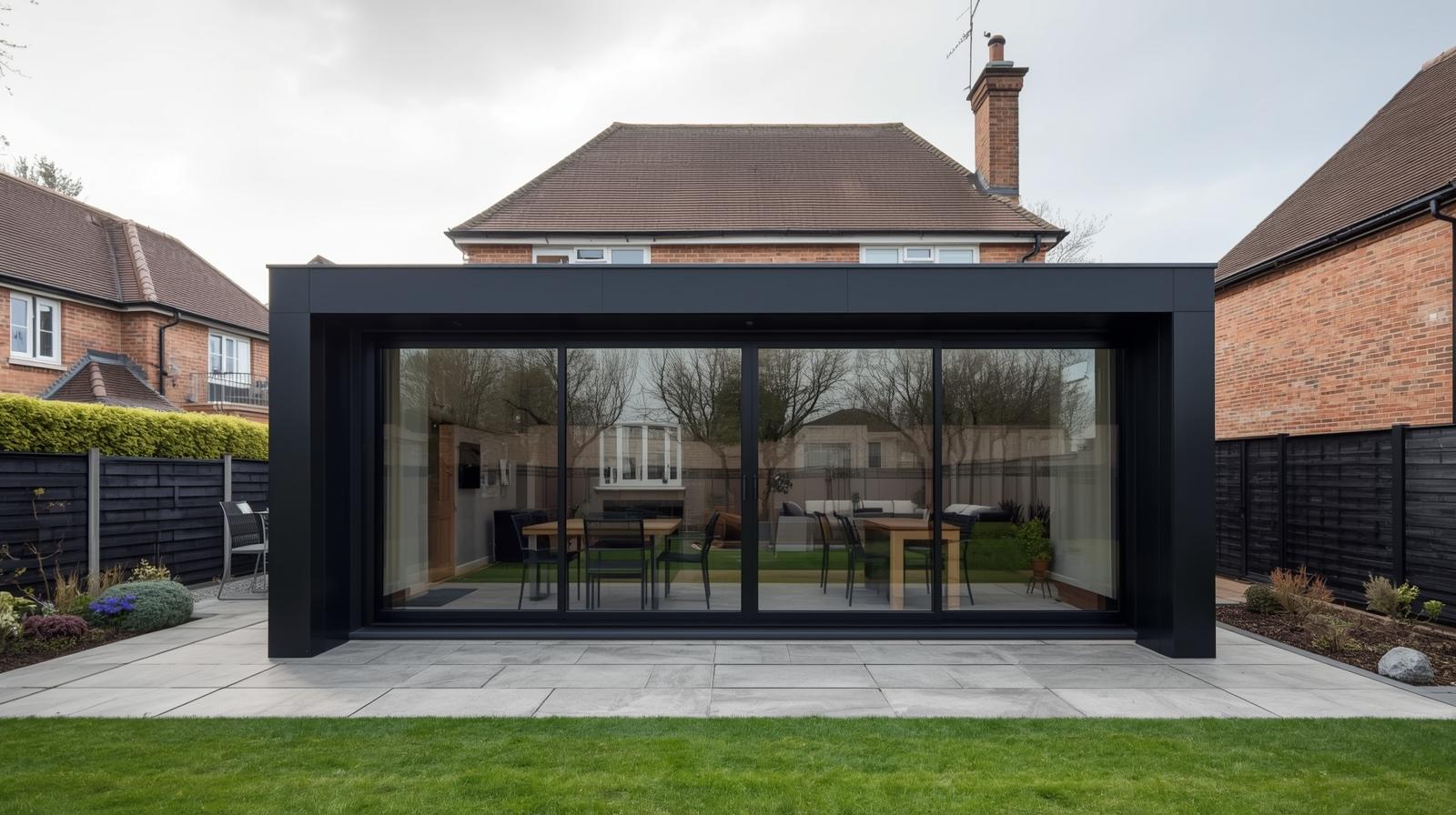 Contemporary black garden room with architectural features and extensive glazing