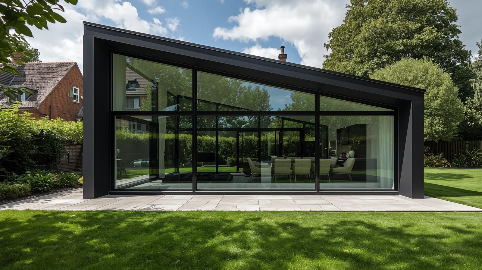Bold black exterior garden room with dramatic architecture, modern design and large glazing in UK residential garden