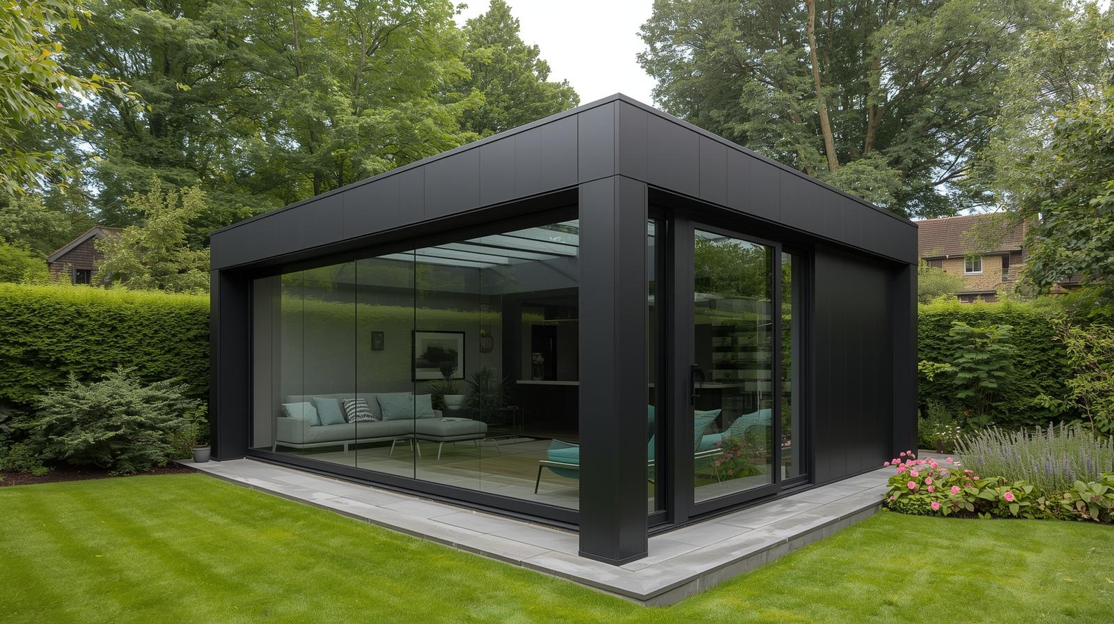 Striking black cladding garden room with modern design in UK garden setting