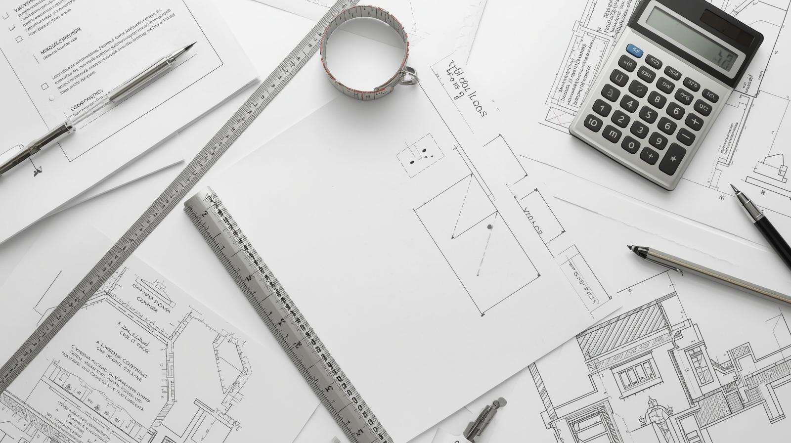 Checklist and planning documents for garden room project with measuring tape, calculator and design sketches in organized planning setup overhead view