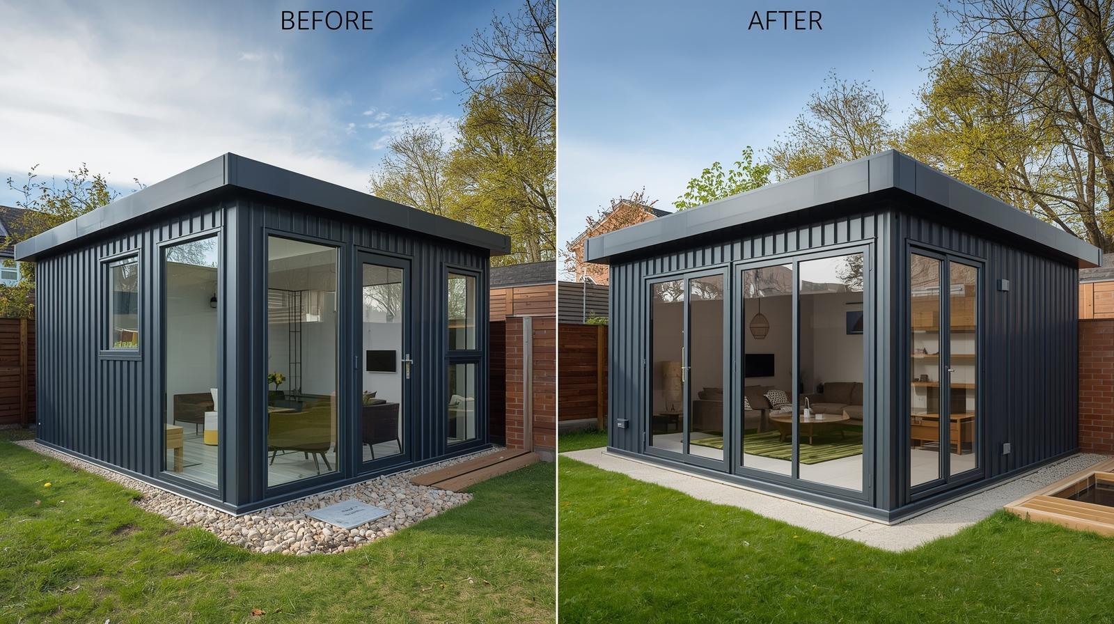 Comparison split image showing DIY steel garden room versus professionally built garden room side by side demonstrating quality differences in UK setting