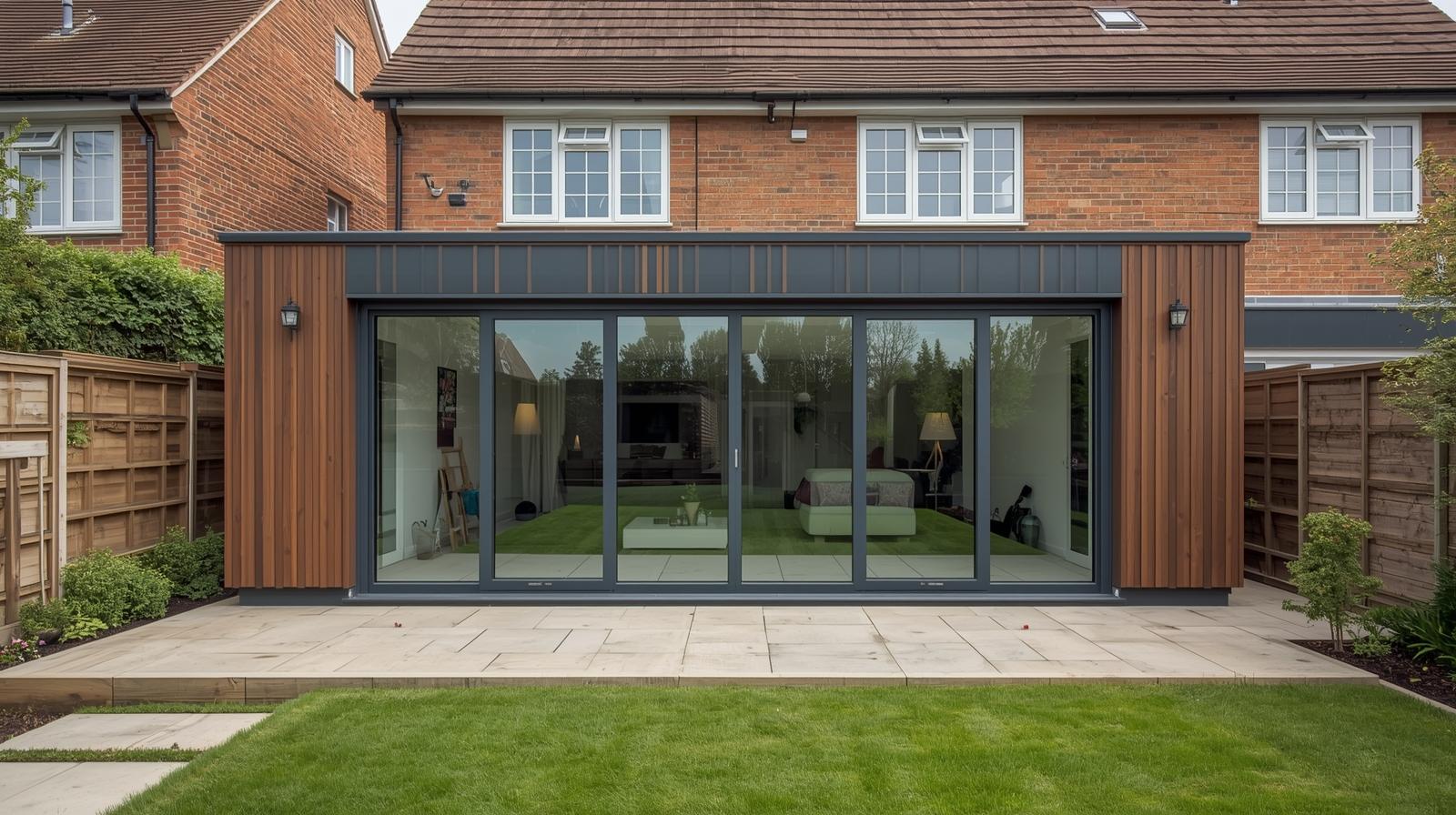 Contemporary garden room exterior showcasing modern architecture with timber cladding and large glass doors in UK residential garden setting