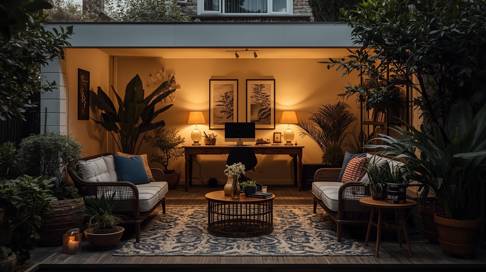Cosy garden room studio featuring creative workspace with warm lighting, comfortable seating, plants and artistic interior design in UK home