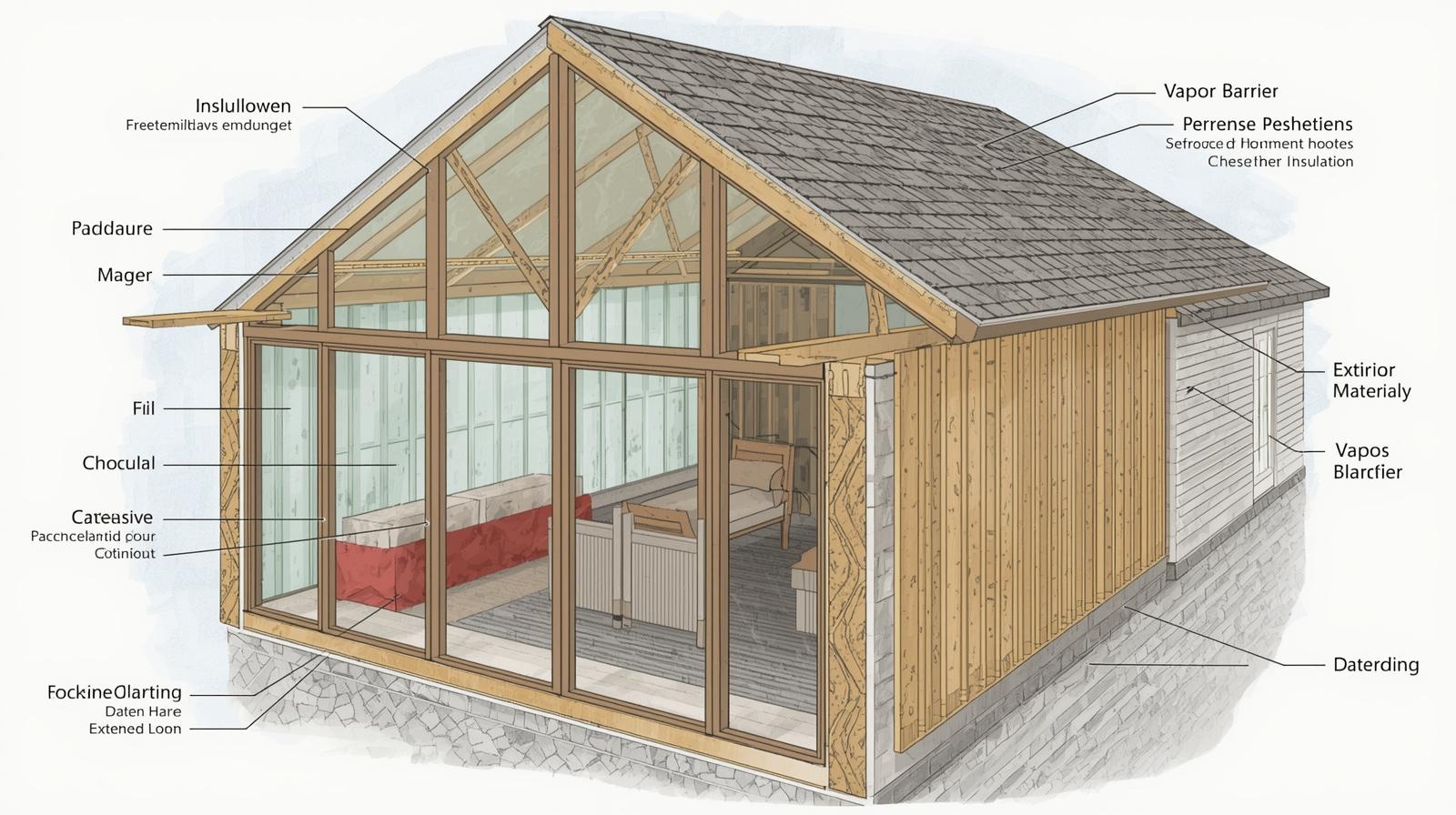 Cross-section diagram of garden room wall construction showing insulation layers, vapour barrier and cladding in technical illustration style educational diagram