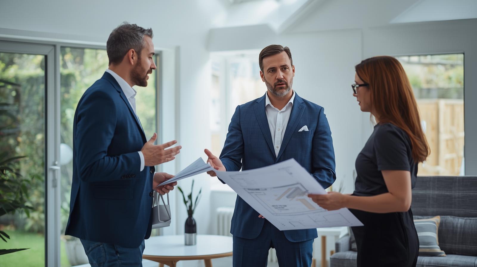 Customer consultation meeting about garden room with person asking questions to professional advisor reviewing plans in UK office setting