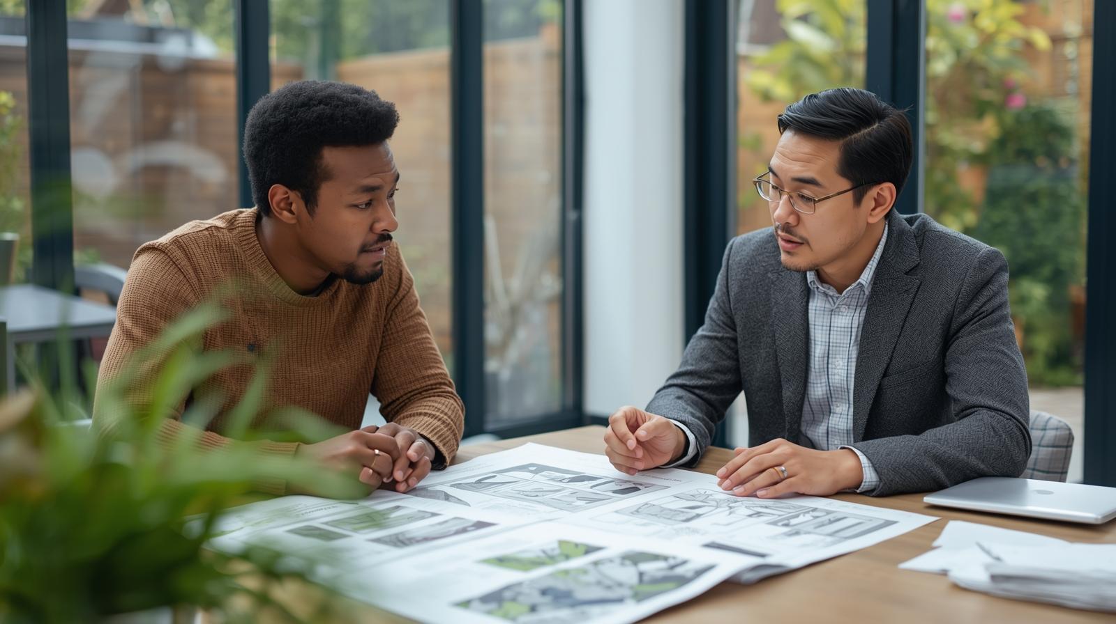 Customer meeting with garden room consultant reviewing design plans on table in professional UK consultation setting