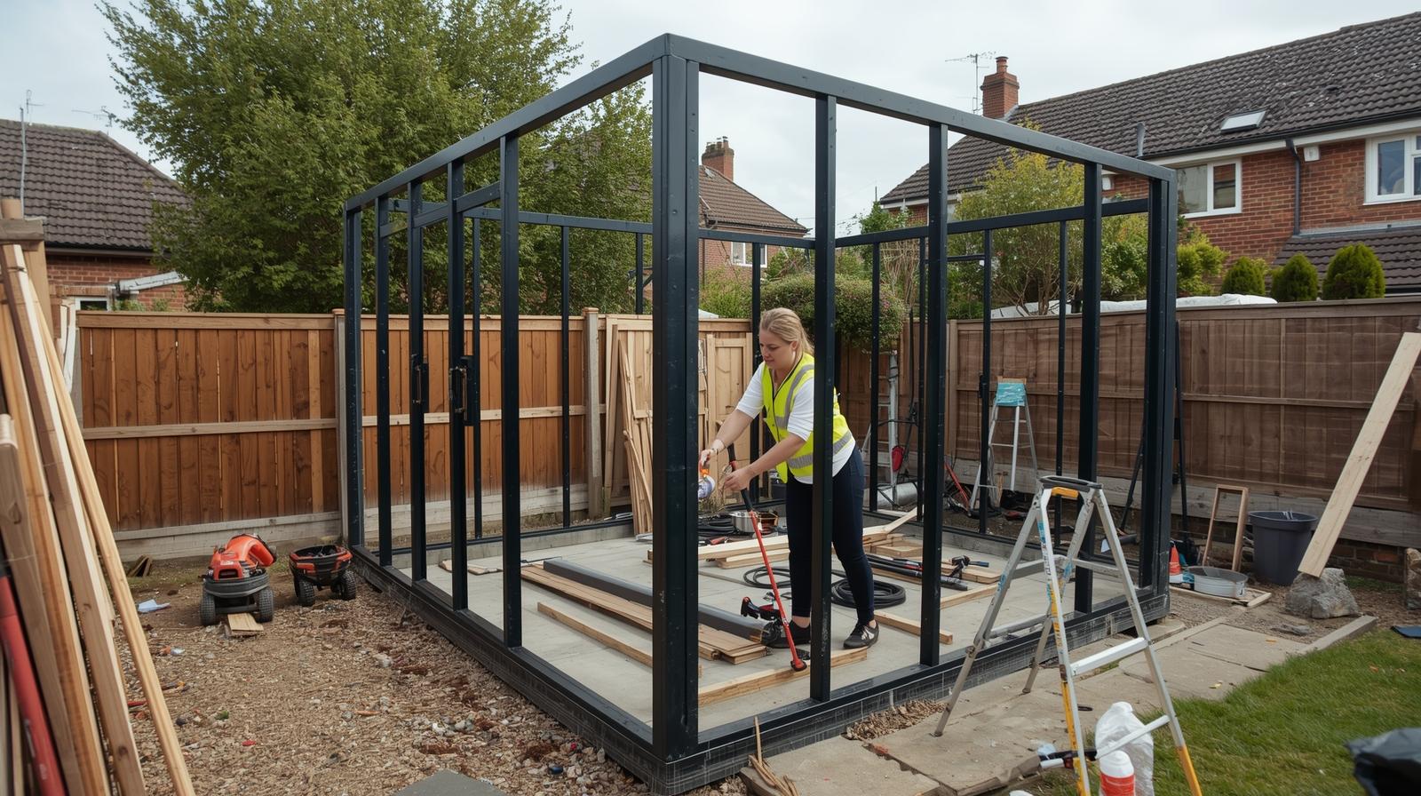 DIY garden room construction in progress showing person building steel frame structure with tools and materials in UK residential garden