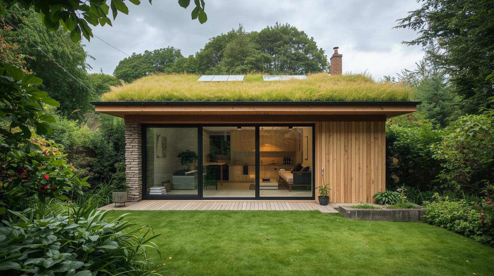 Eco-friendly sustainable garden room with green roof, natural materials, solar panels and rainwater collection in UK residential garden with environmental architecture photography