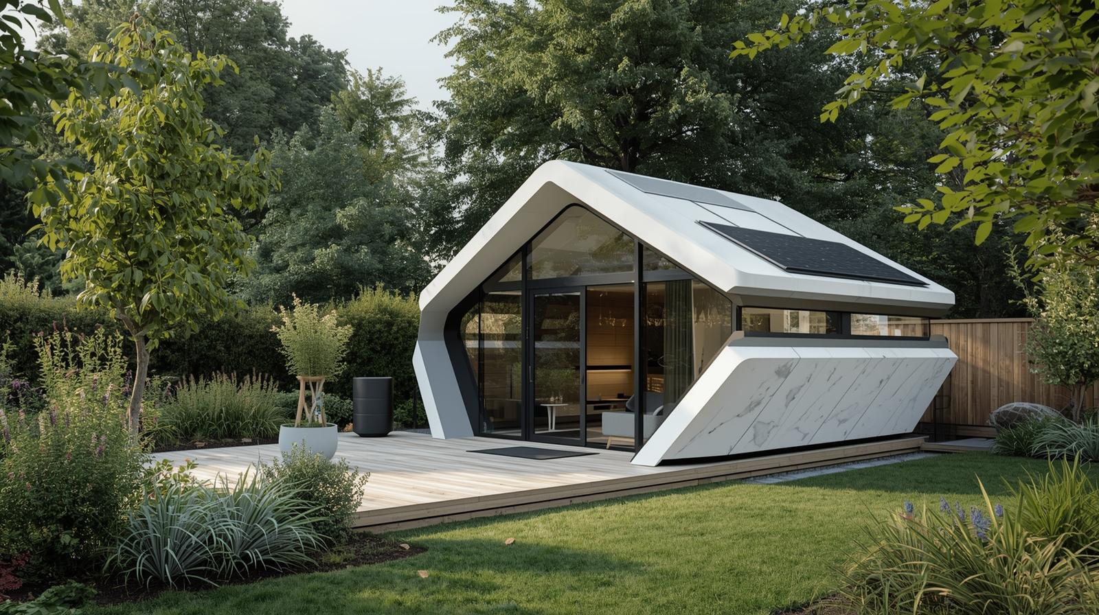 Futuristic modern garden room with smart technology features, sleek contemporary design and integrated solar panels in UK garden setting with architectural photography