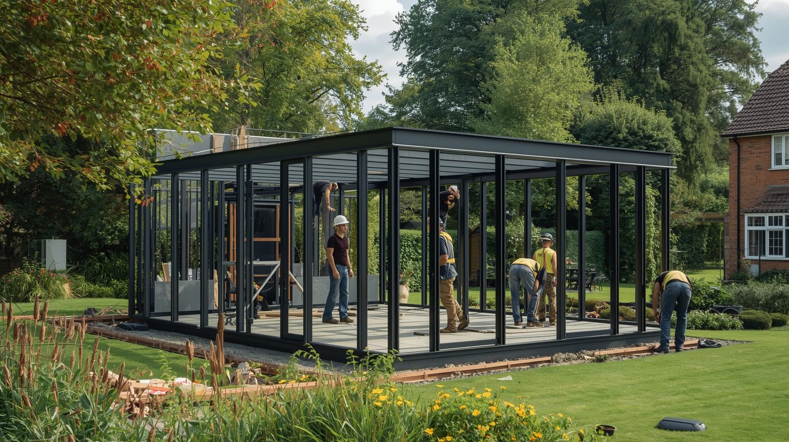 Garden room construction process showing steel frame structure being built by construction workers in UK residential garden with professional construction photography
