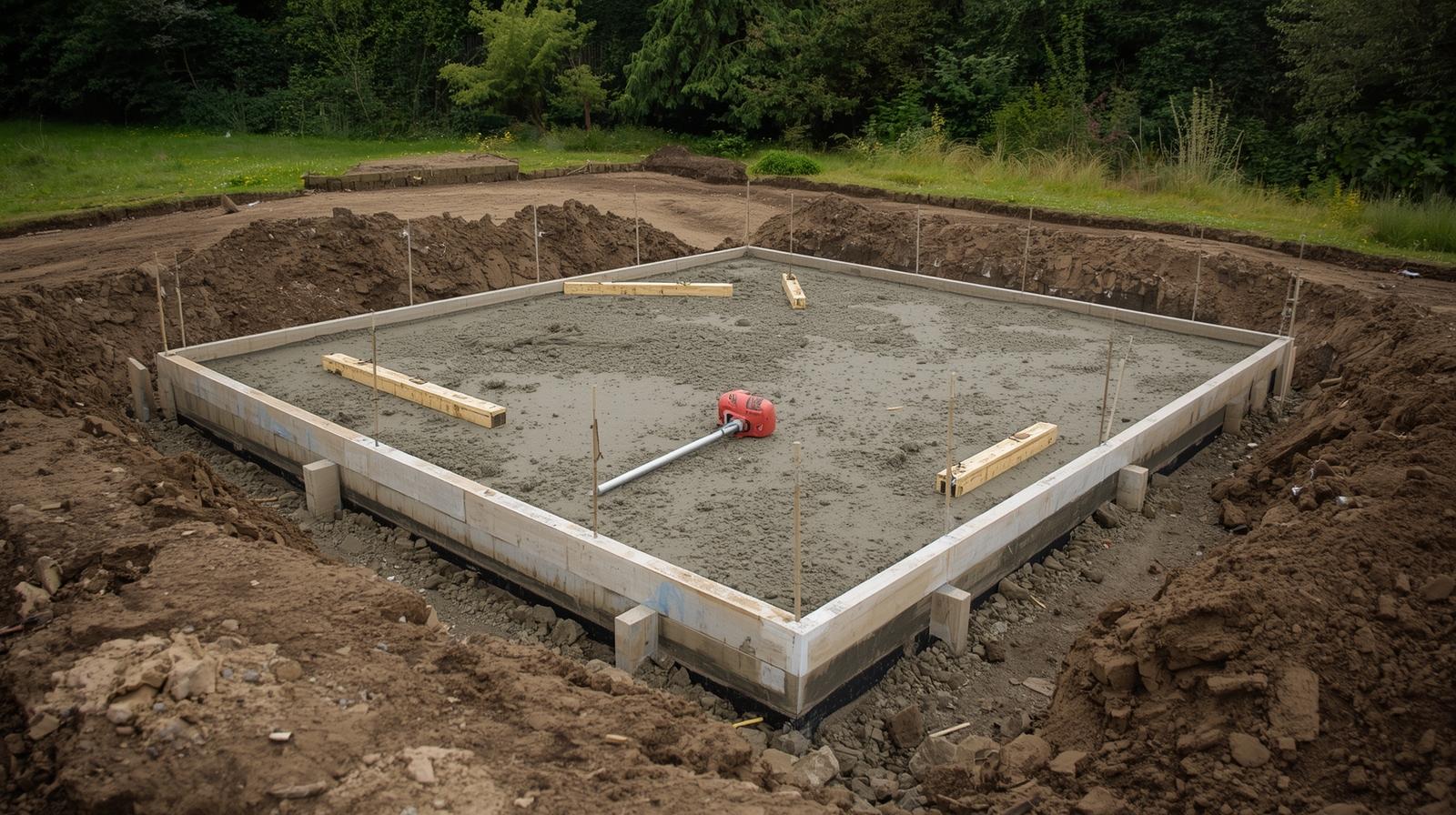 Garden room foundation and base construction showing concrete base being prepared at construction site in UK garden with professional photography