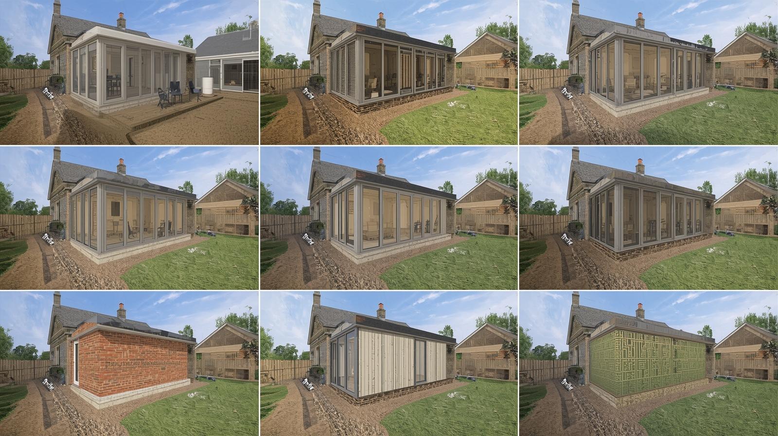 Garden room installation process showing multiple construction phase stages in UK residential setting with detailed informative collage style presentation