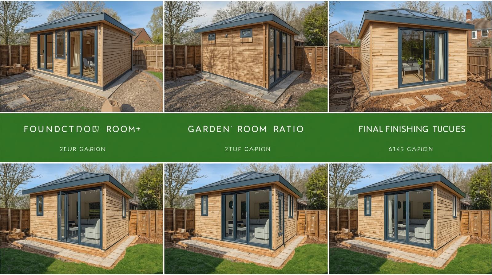 Garden room installation process stages showing multiple images of construction phases in UK residential setting with informative collage style layout