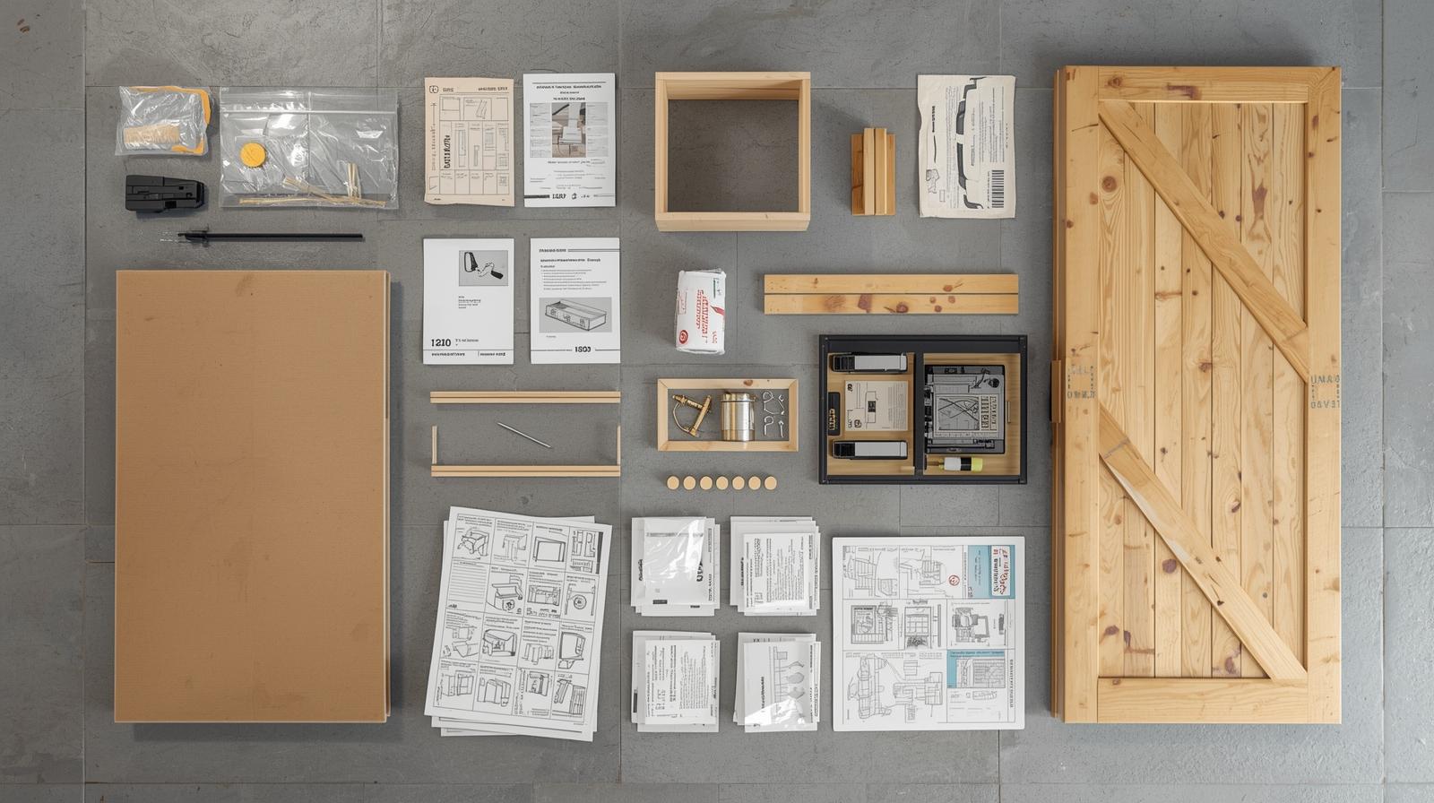 Garden room kit components laid out showing flat-pack panels and materials with assembly instructions for DIY project setup in overhead view