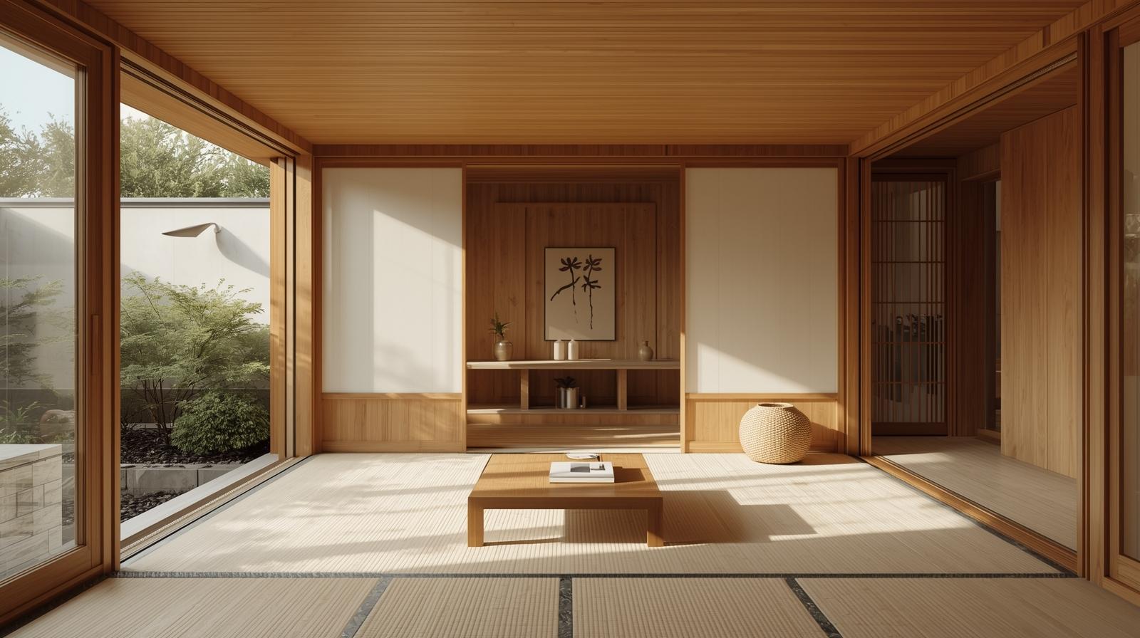 Minimalist Japandi style garden room interior with natural wood, neutral colors and zen aesthetic in UK contemporary design