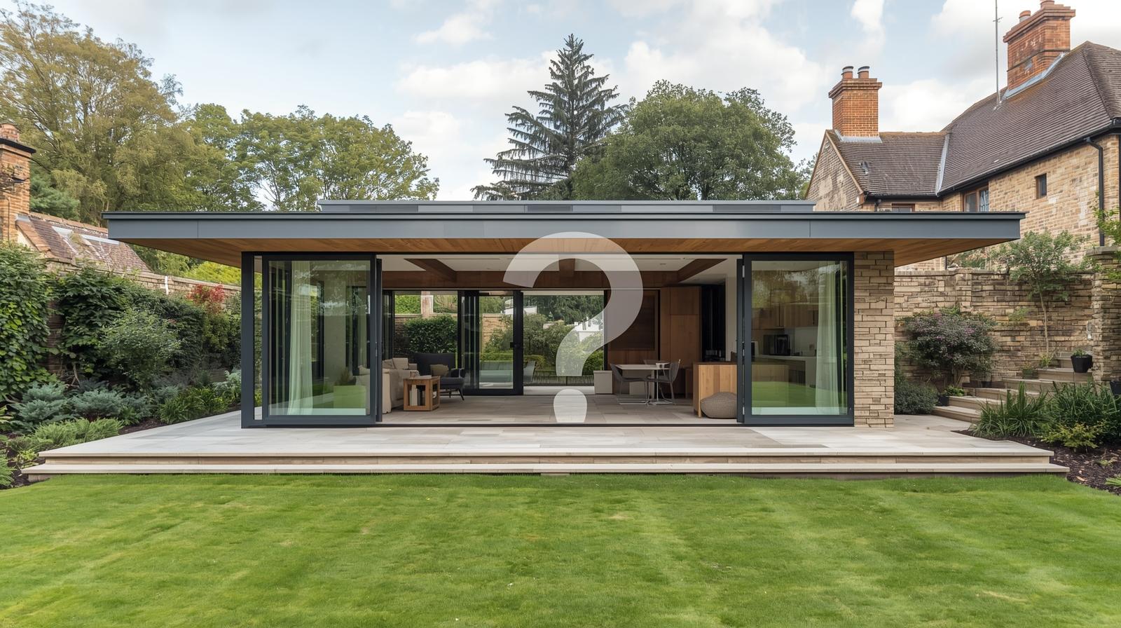 Modern garden room in UK garden with question mark overlay representing FAQ concept with contemporary design and professional photography